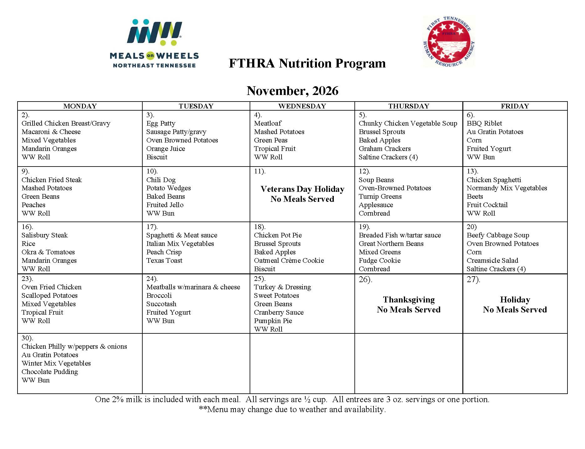 Meals On Wheels November 2026 menu calendar