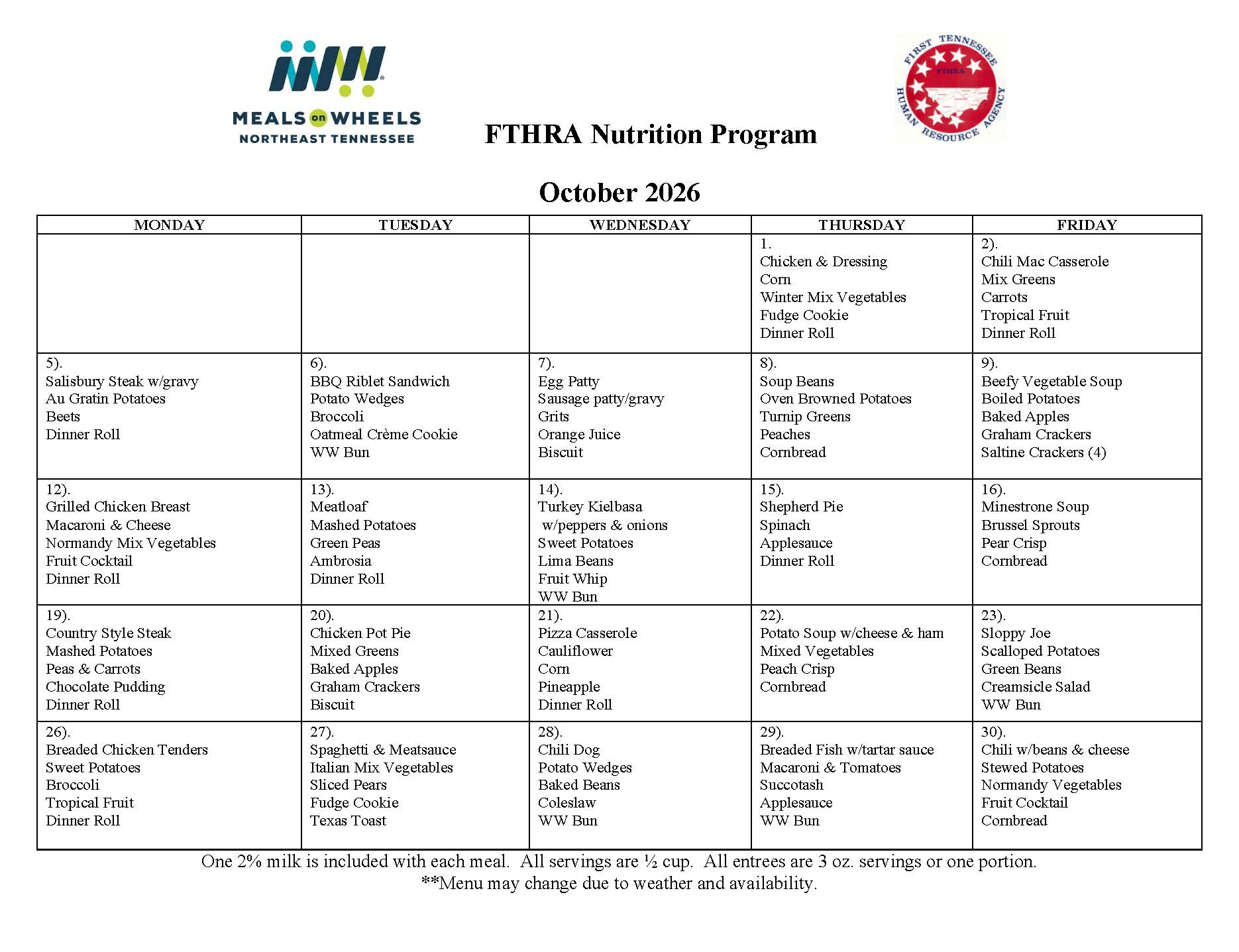Meals On Wheels October 2026 menu calendar